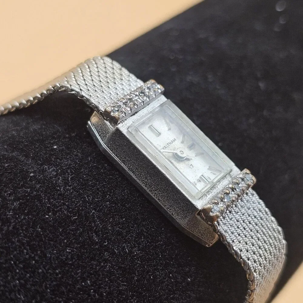 Vintage Waltham 17J Diamond Bezel Ladies Tank Watch For Repair